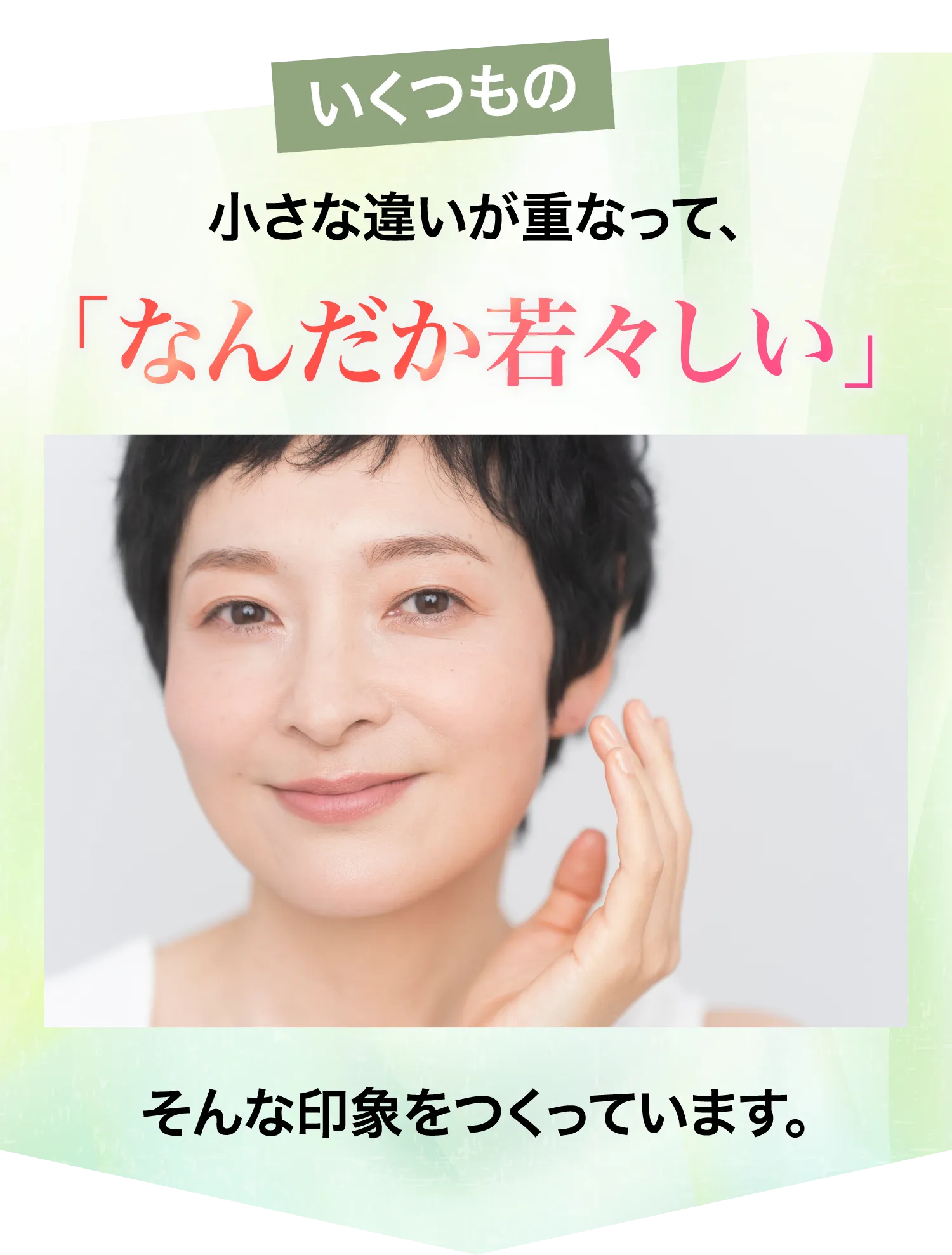 いくつもの小さな違いが重なって、「なんだか若々しい」そんな印象をつくっています。